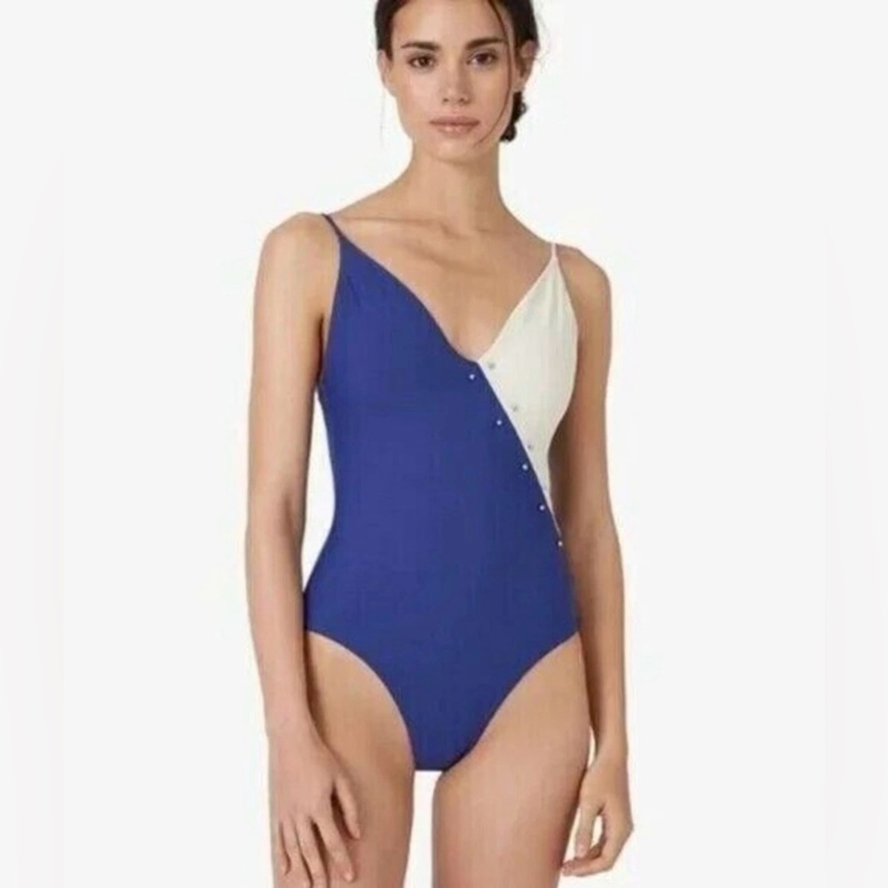 Revolve Onia Blue White Ribbed Colorblock Studded One Piece Swim Resort